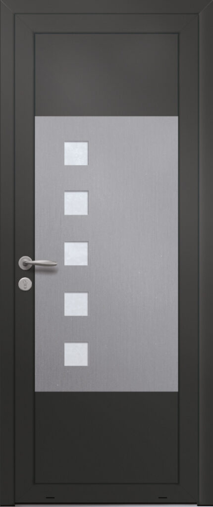 Panneau de porte d’entrée vitré en aluminium plaxé JADE 5A coloris film gris quartz RAL 7039 et pièce décorative en aluminium