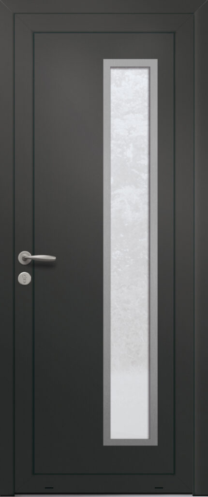 Panneau de porte d’entrée vitré en aluminium plaxé MEXICO 1 coloris film gris quartz RAL 7039 et pièce décorative en aluminium