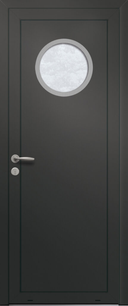 Panneau de porte d’entrée vitré en aluminium plaxé MINAS 1 coloris film gris quartz RAL 7039 et pièce décorative en aluminium