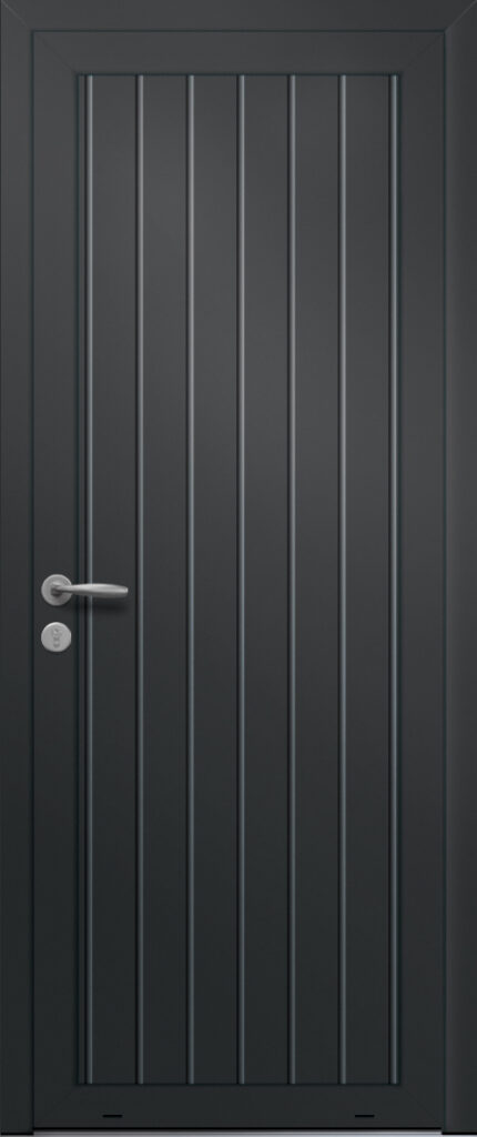 Panneau de porte d’entrée en aluminium plaxé ORDONNEE coloris film gris quartz RAL 7039