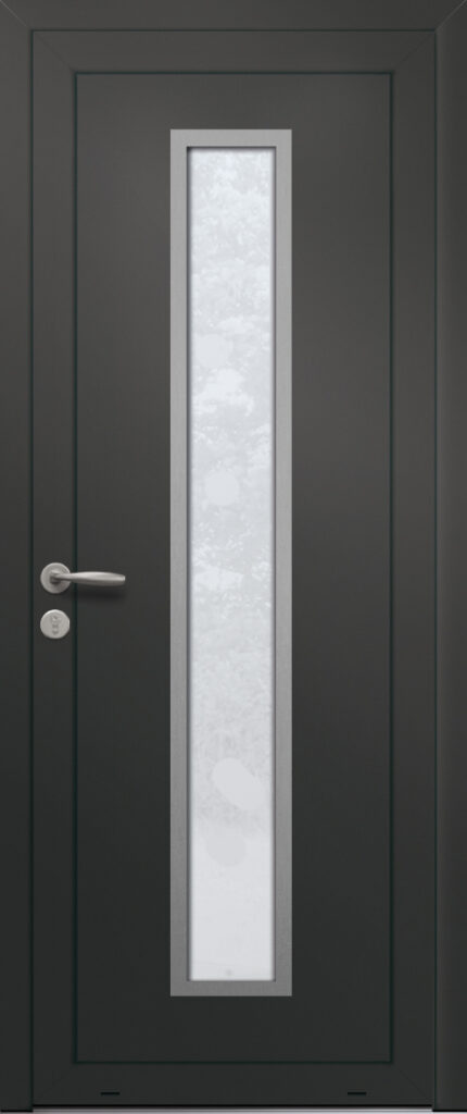 Panneau de porte d’entrée vitré en aluminium plaxé PASTO 1 coloris film gris quartz RAL 7039 et pièce décorative en aluminium