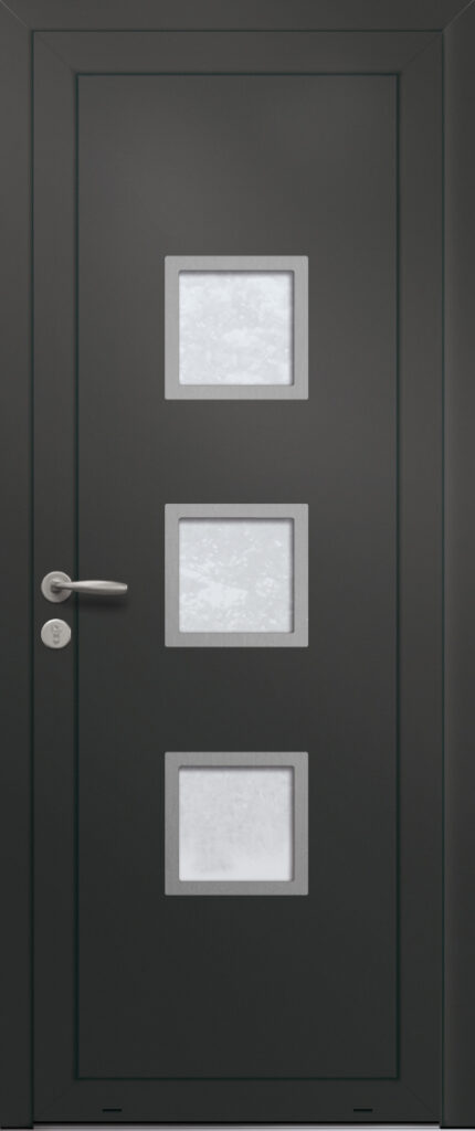 Panneau de porte d’entrée vitré en aluminium plaxé SANTA CRUZ 3 coloris film gris quartz RAL 7039 et pièces décoratives en aluminium