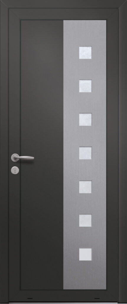 Panneau de porte d’entrée vitré en aluminium plaxé SAPHIR 7E coloris film gris quartz RAL 7039 et pièce décorative en aluminium