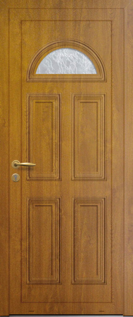 Panneau de porte d’entrée vitré en aluminium plaxé SIRIUS 1 coloris chêne doré finitions bois et moulures embouties