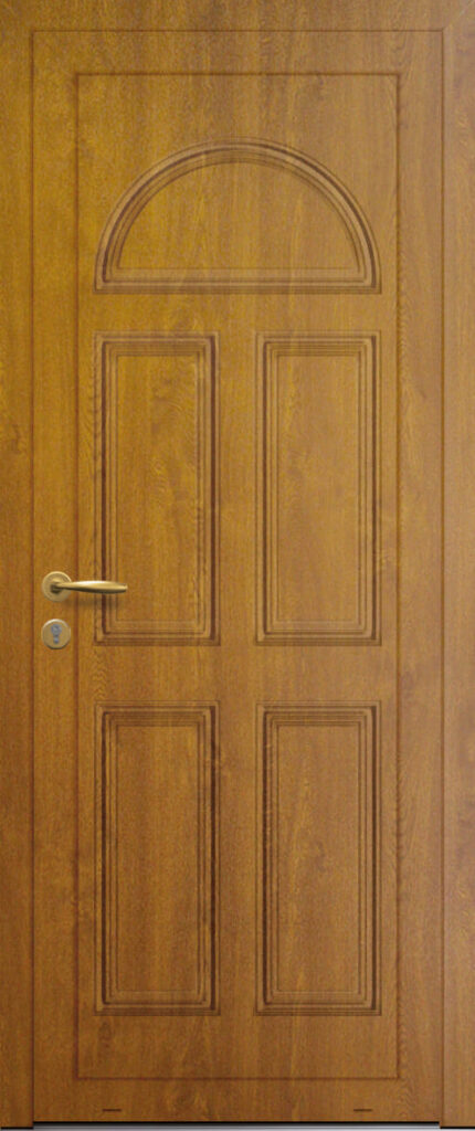 Panneau de porte d’entrée en aluminium plaxé SIRIUS coloris chêne doré finitions bois et moulures embouties