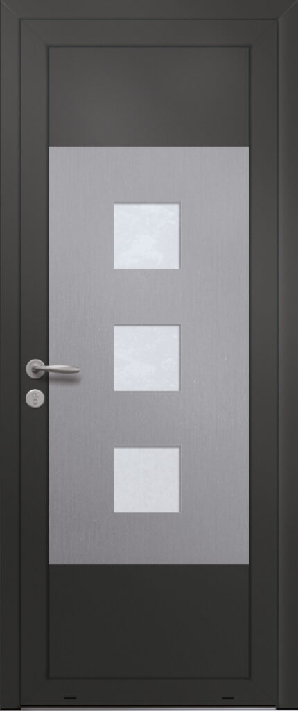 Panneau de porte d’entrée vitré en aluminium plaxé TANZANITE 3A coloris film gris quartz RAL 7039 et pièce décorative en aluminium