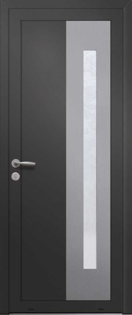 Panneau de porte d’entrée vitré en aluminium plaxé TOPAZE 1E coloris film gris quartz RAL 7039 et pièce décorative en aluminium