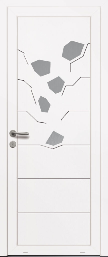 Panneau de porte d’entrée PVC HOSTA blanc et pièces décoratives aluminium