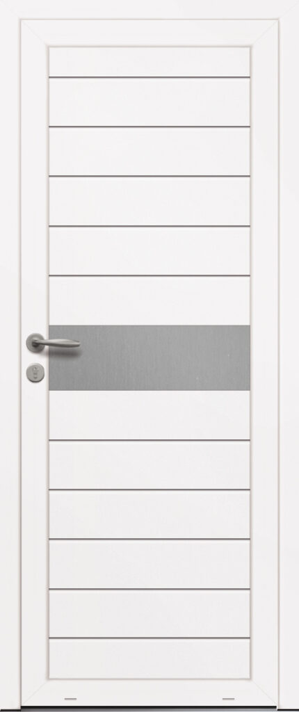 Panneau de porte d’entrée PVC ONDINE blanc et pièce décorative aluminium