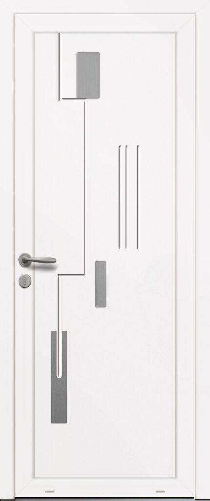 Panneau de porte d’entrée PVC PHOENIX blanc et pièces décoratives aluminium